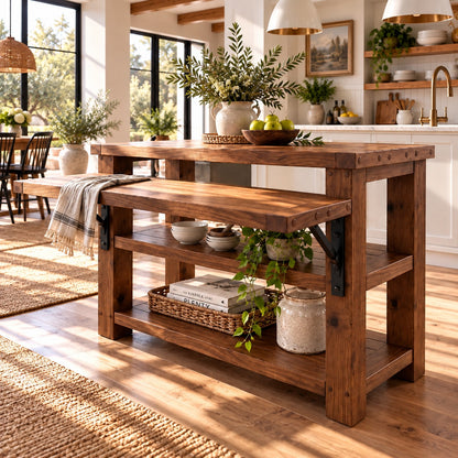 MONTROSE Walnut Colour Kitchen Island With Foldable Table / Extandable Breakfast Bar / Rustic Island