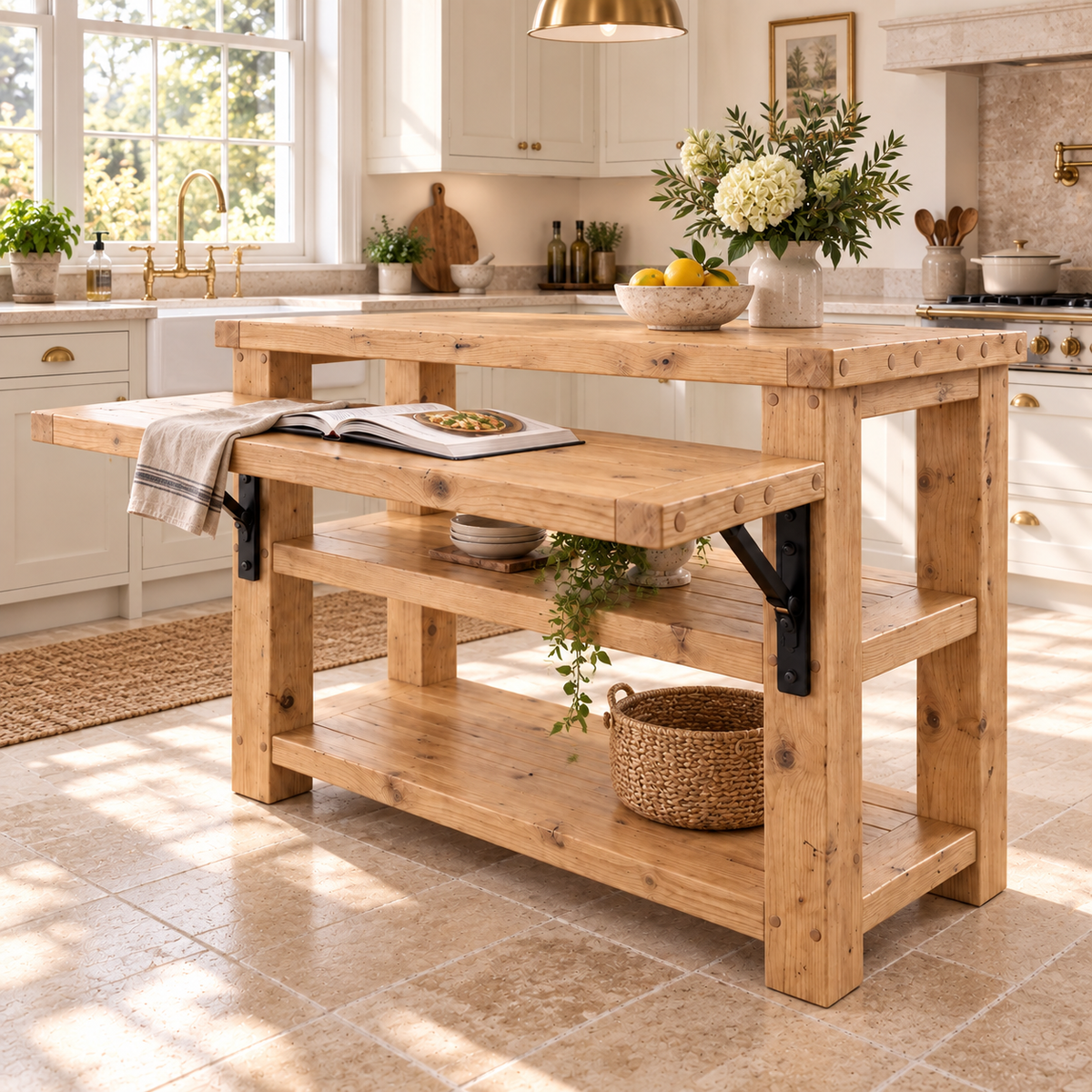 MONTROSE Light Oak Colour Kitchen Island With Foldable Table / Extandable Breakfast Bar / Rustic Island