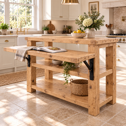 MONTROSE Light Oak Colour Kitchen Island With Foldable Table / Extandable Breakfast Bar / Rustic Island