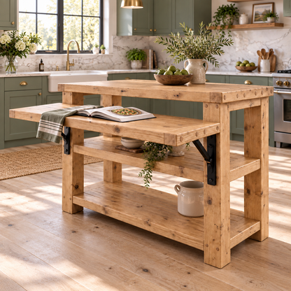 MONTROSE Light Oak Colour Kitchen Island With Foldable Table / Extandable Breakfast Bar / Rustic Island