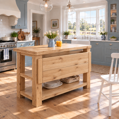 MONTROSE Light Oak Colour Kitchen Island With Foldable Table / Extandable Breakfast Bar / Rustic Island