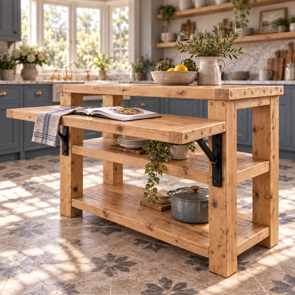 MONTROSE Light Oak Colour Kitchen Island With Foldable Table / Extandable Breakfast Bar / Rustic Island