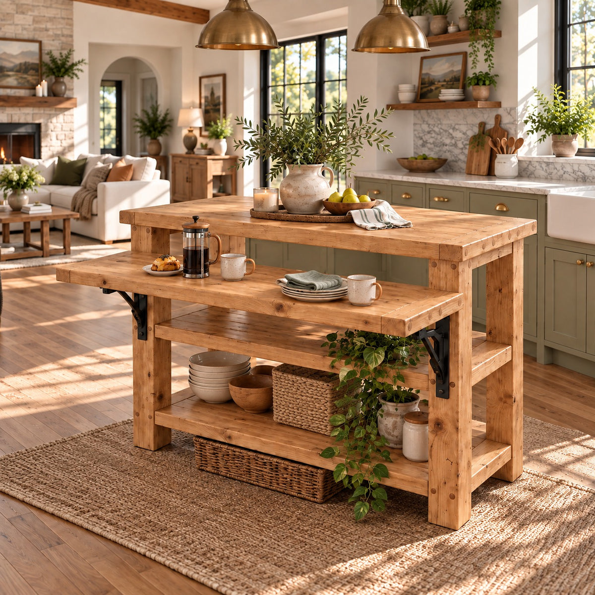 MONTROSE Light Oak Colour Kitchen Island With Foldable Table / Extandable Breakfast Bar / Rustic Island