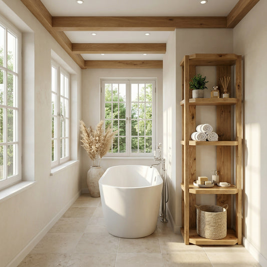 Nesto Solid Wood Corner Bookshelf – Natural Finish Open Bookcase, Rustic Scandinavian Design