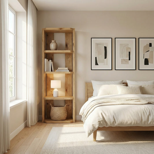 Nesto Solid Wood Corner Bookshelf – Natural Finish Open Bookcase, Rustic Scandinavian Design