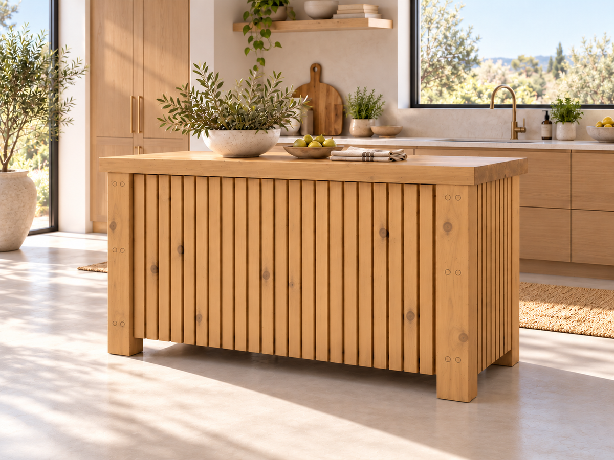 NORCLIFFE Light Oak Colour Fluted Doors Kitchen Island / Breakfast Bar / Rustic Island
