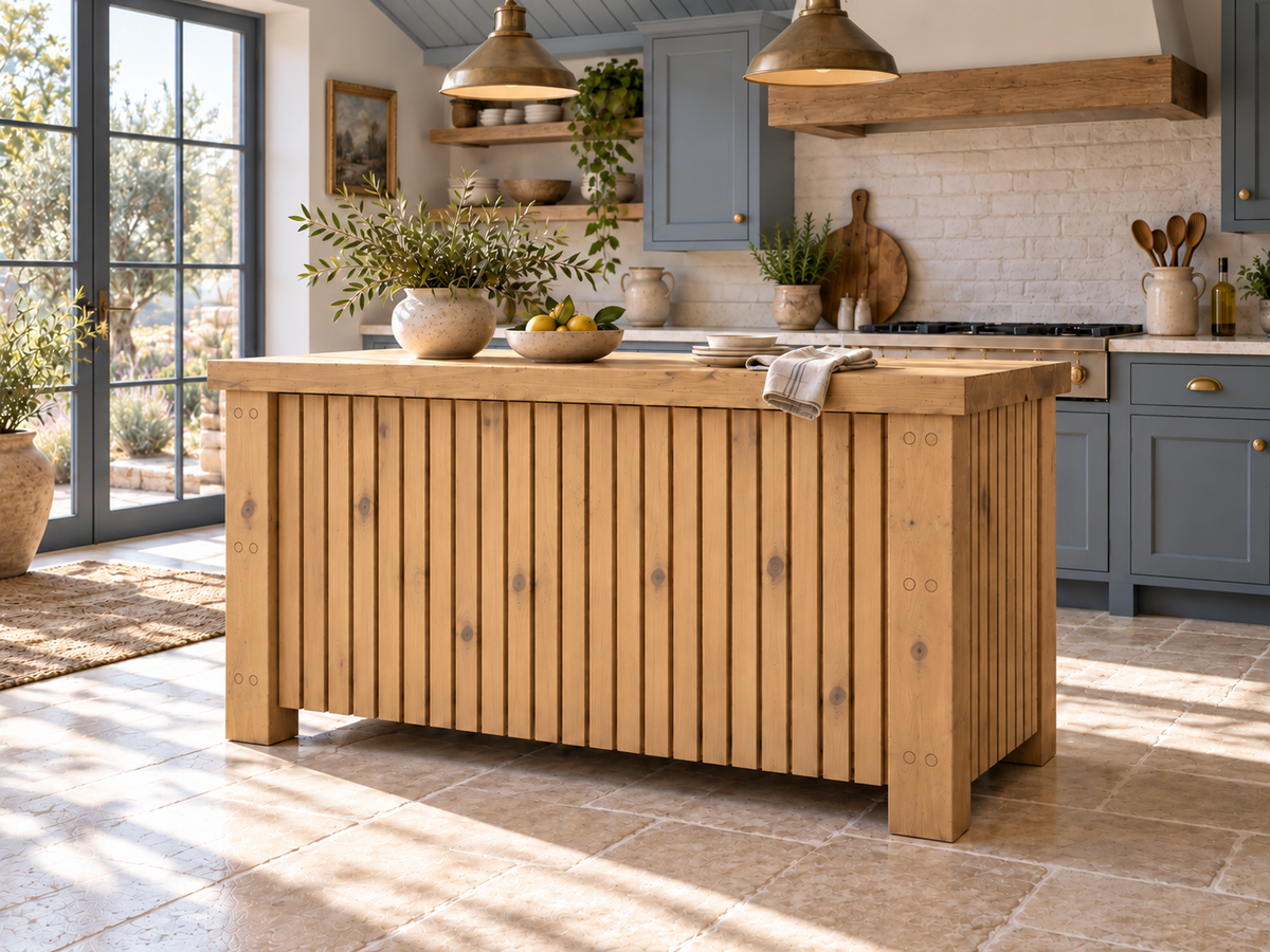 NORCLIFFE Light Oak Colour Fluted Doors Kitchen Island / Breakfast Bar / Rustic Island