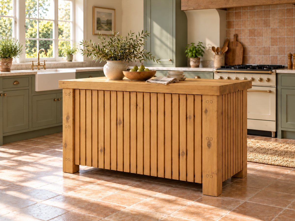 NORCLIFFE Light Oak Colour Fluted Doors Kitchen Island / Breakfast Bar / Rustic Island
