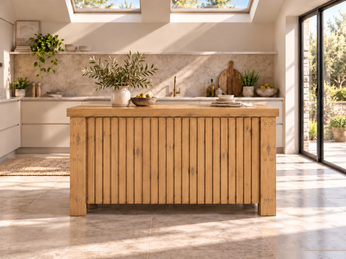 NORCLIFFE Light Oak Colour Fluted Doors Kitchen Island / Breakfast Bar / Rustic Island