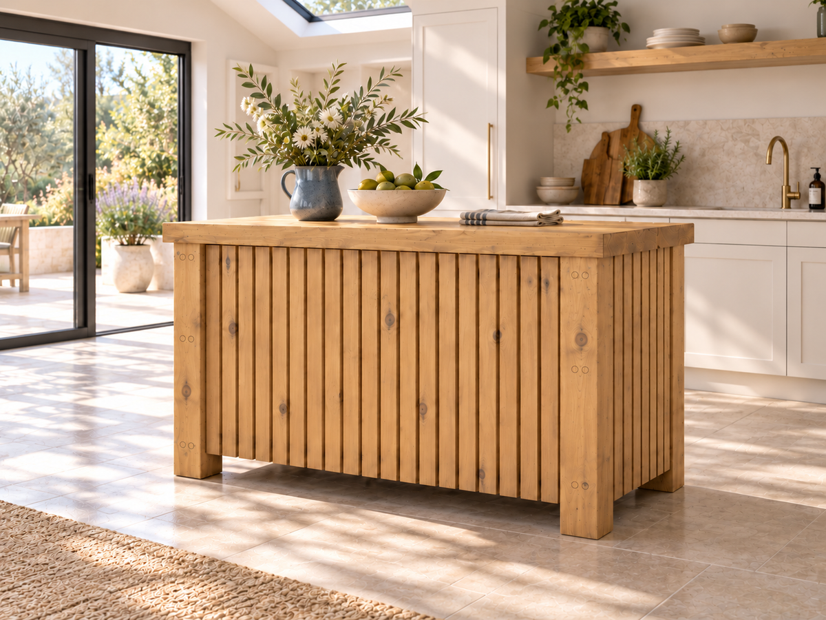 NORCLIFFE Light Oak Colour Fluted Doors Kitchen Island / Breakfast Bar / Rustic Island