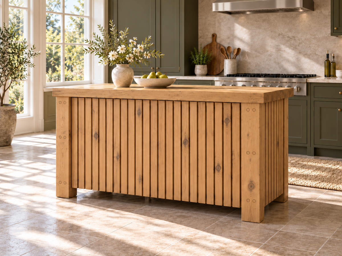 NORCLIFFE Light Oak Colour Fluted Doors Kitchen Island / Breakfast Bar / Rustic Island