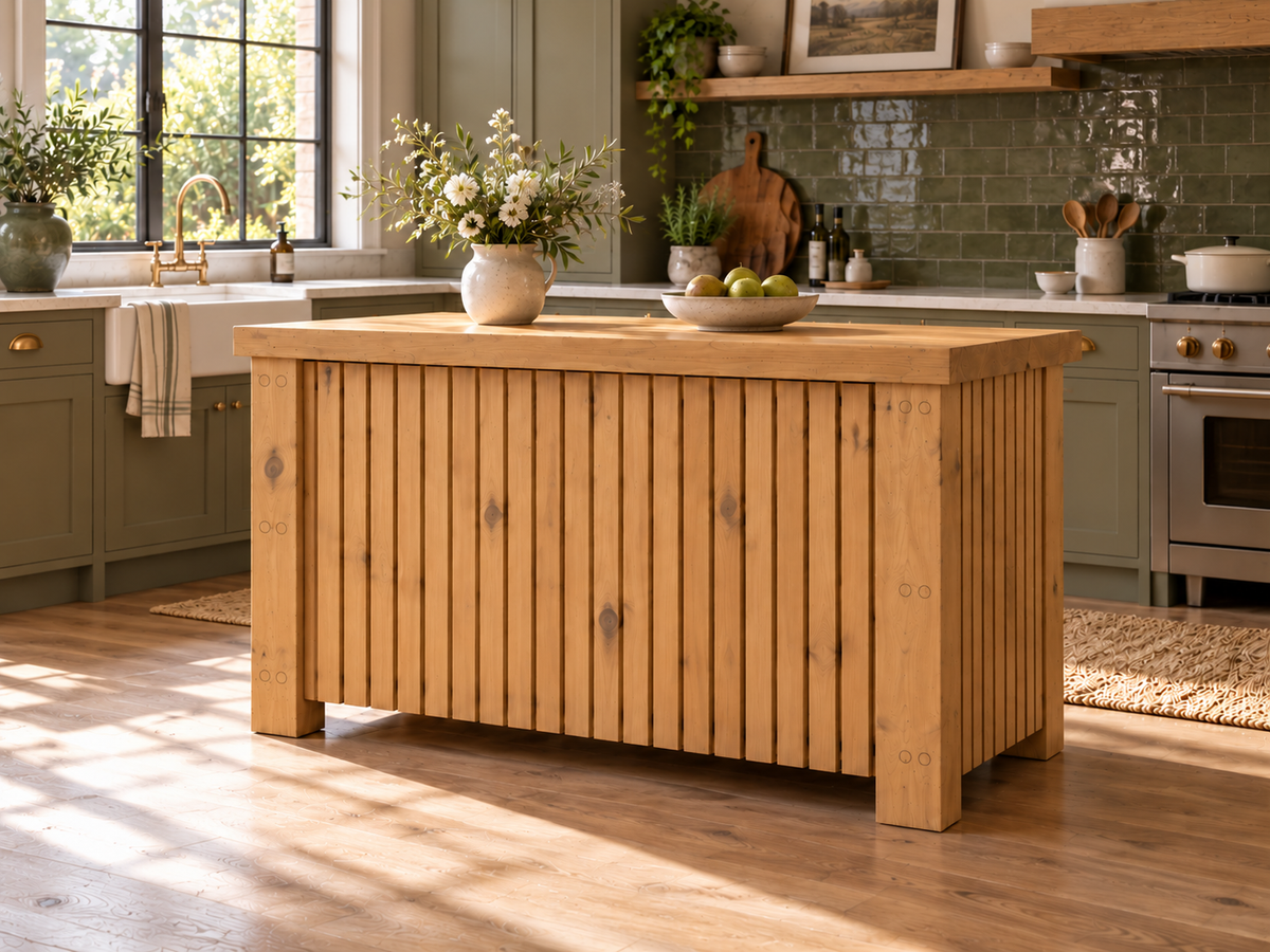 NORCLIFFE Light Oak Colour Fluted Doors Kitchen Island / Breakfast Bar / Rustic Island