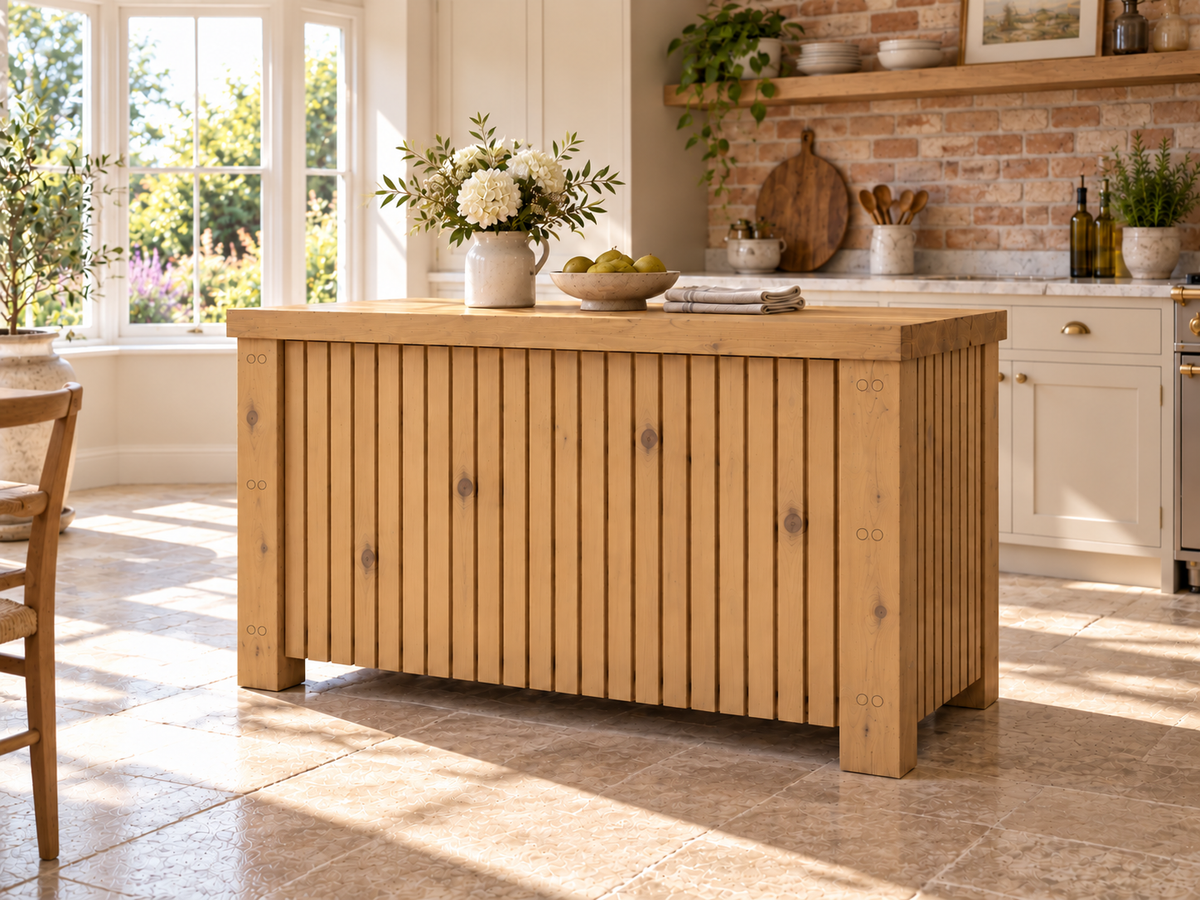 NORCLIFFE Light Oak Colour Fluted Doors Kitchen Island / Breakfast Bar / Rustic Island