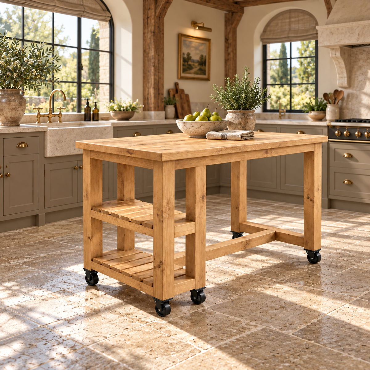 NORVIK Cart On Wheels Light Oak Colour Solid Wood Kitchen Island With Shelf / Breakfast Bar