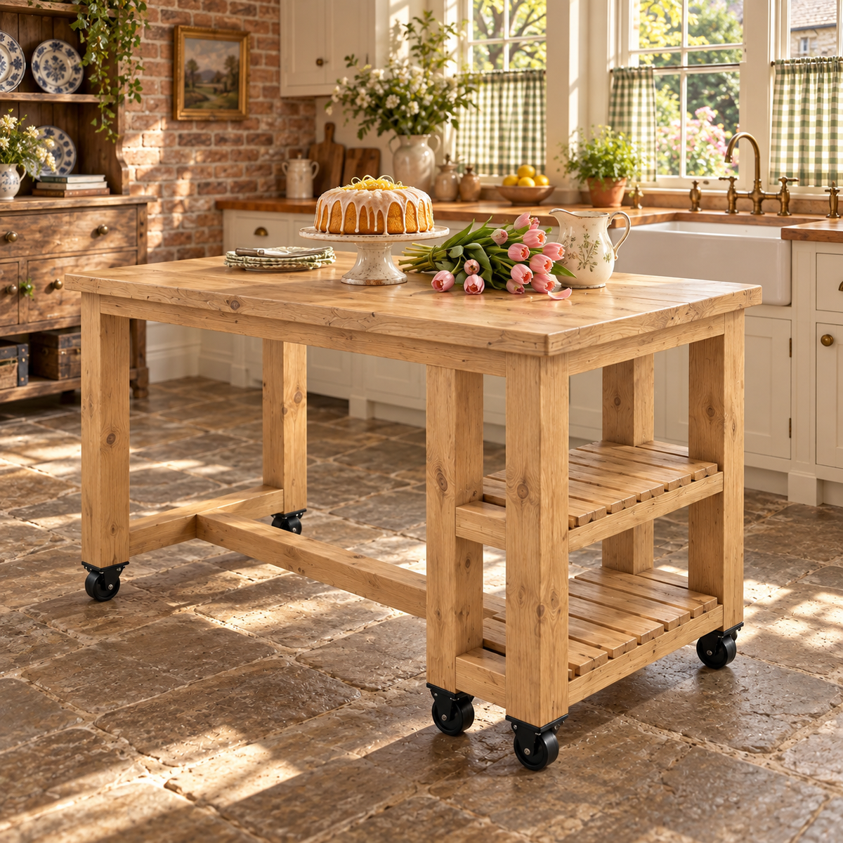 NORVIK Cart On Wheels Light Oak Colour Solid Wood Kitchen Island With Shelf / Breakfast Bar
