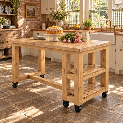NORVIK Cart On Wheels Light Oak Colour Solid Wood Kitchen Island With Shelf / Breakfast Bar