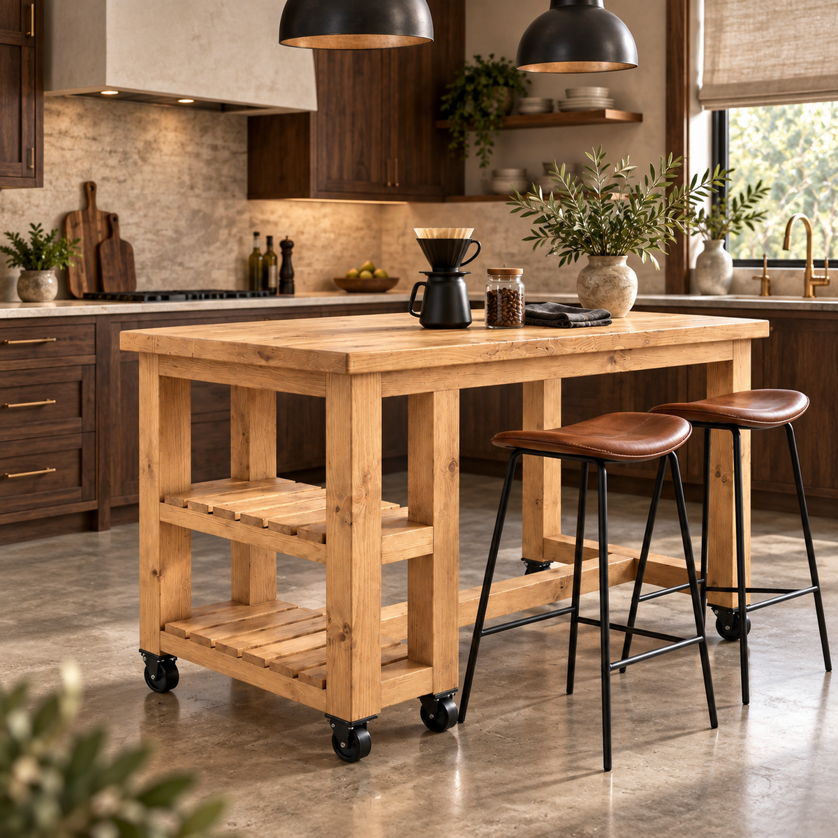NORVIK Cart On Wheels Light Oak Colour Solid Wood Kitchen Island With Shelf / Breakfast Bar