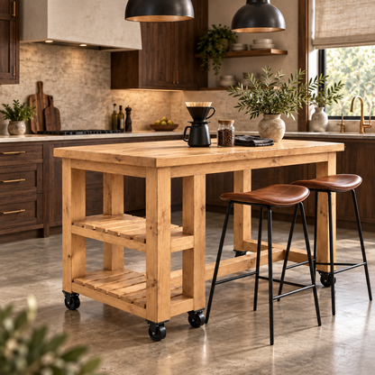 NORVIK Cart On Wheels Light Oak Colour Solid Wood Kitchen Island With Shelf / Breakfast Bar