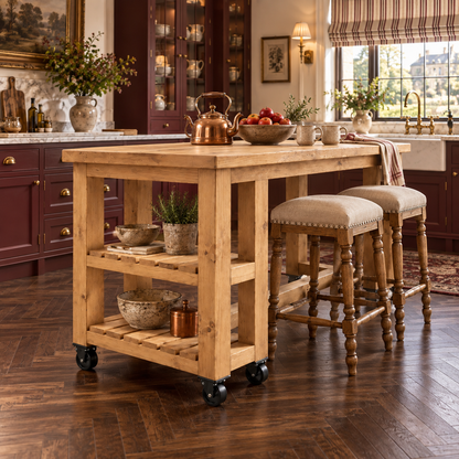 NORVIK Cart On Wheels Light Oak Colour Solid Wood Kitchen Island With Shelf / Breakfast Bar