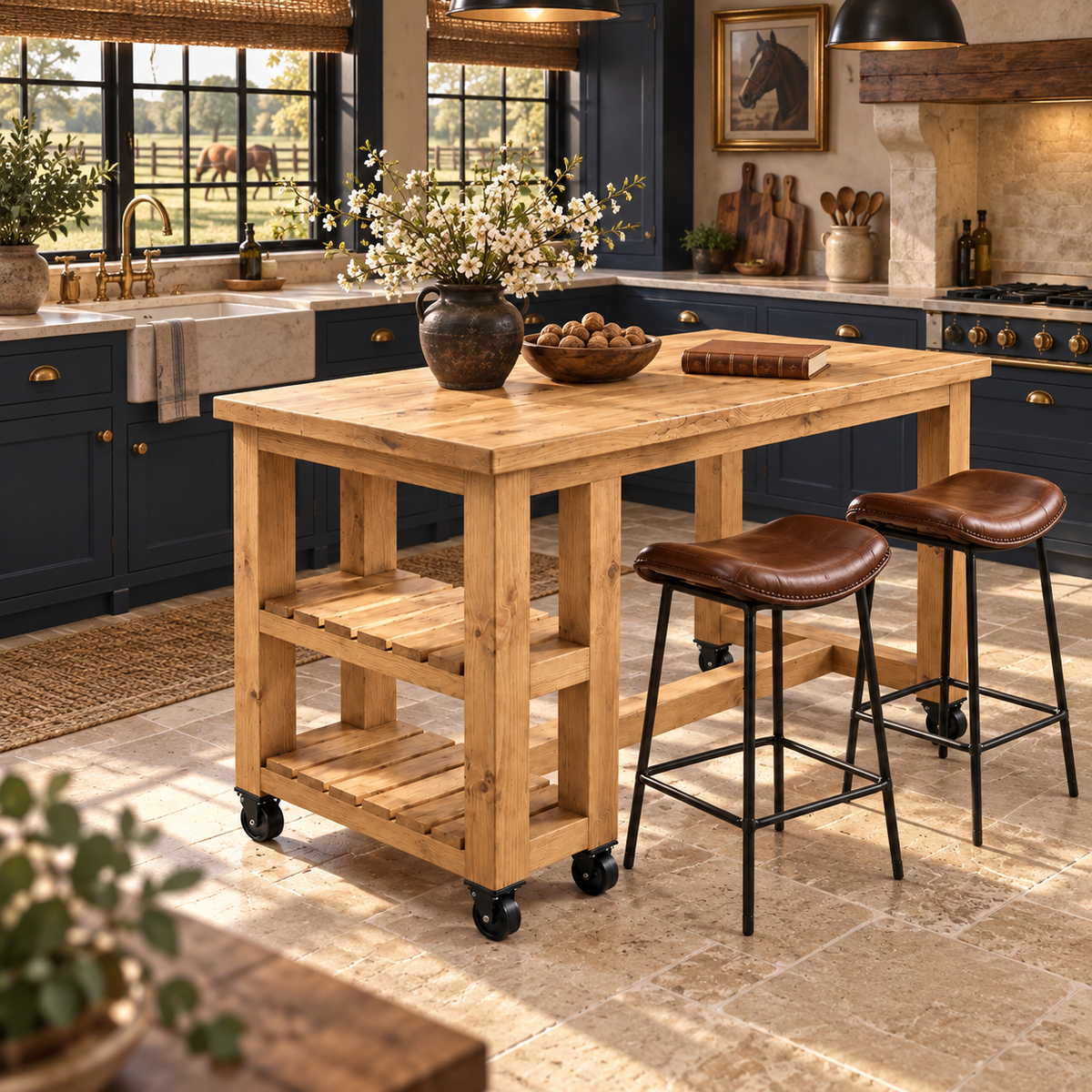 NORVIK Cart On Wheels Light Oak Colour Solid Wood Kitchen Island With Shelf / Breakfast Bar