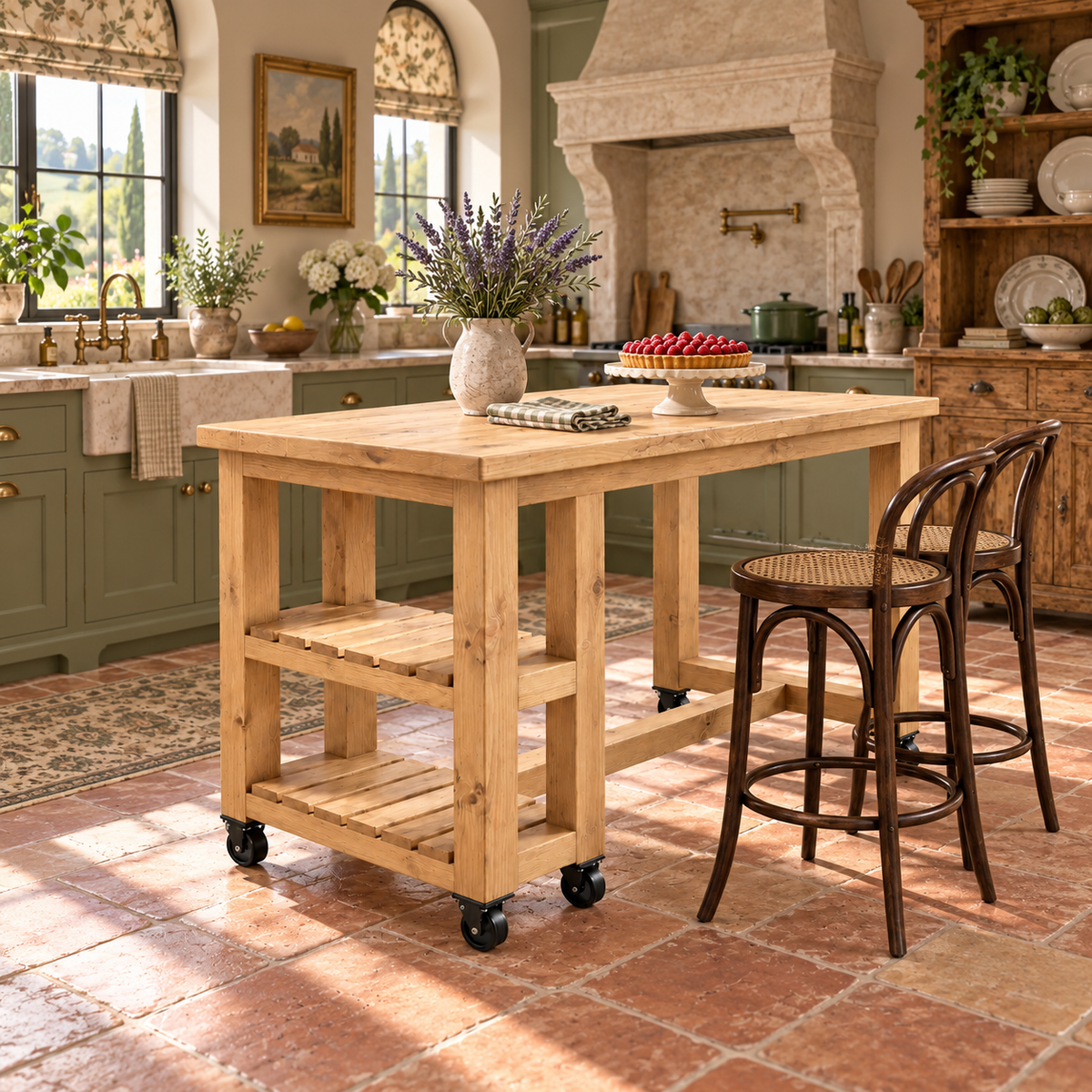 NORVIK Cart On Wheels Light Oak Colour Solid Wood Kitchen Island With Shelf / Breakfast Bar