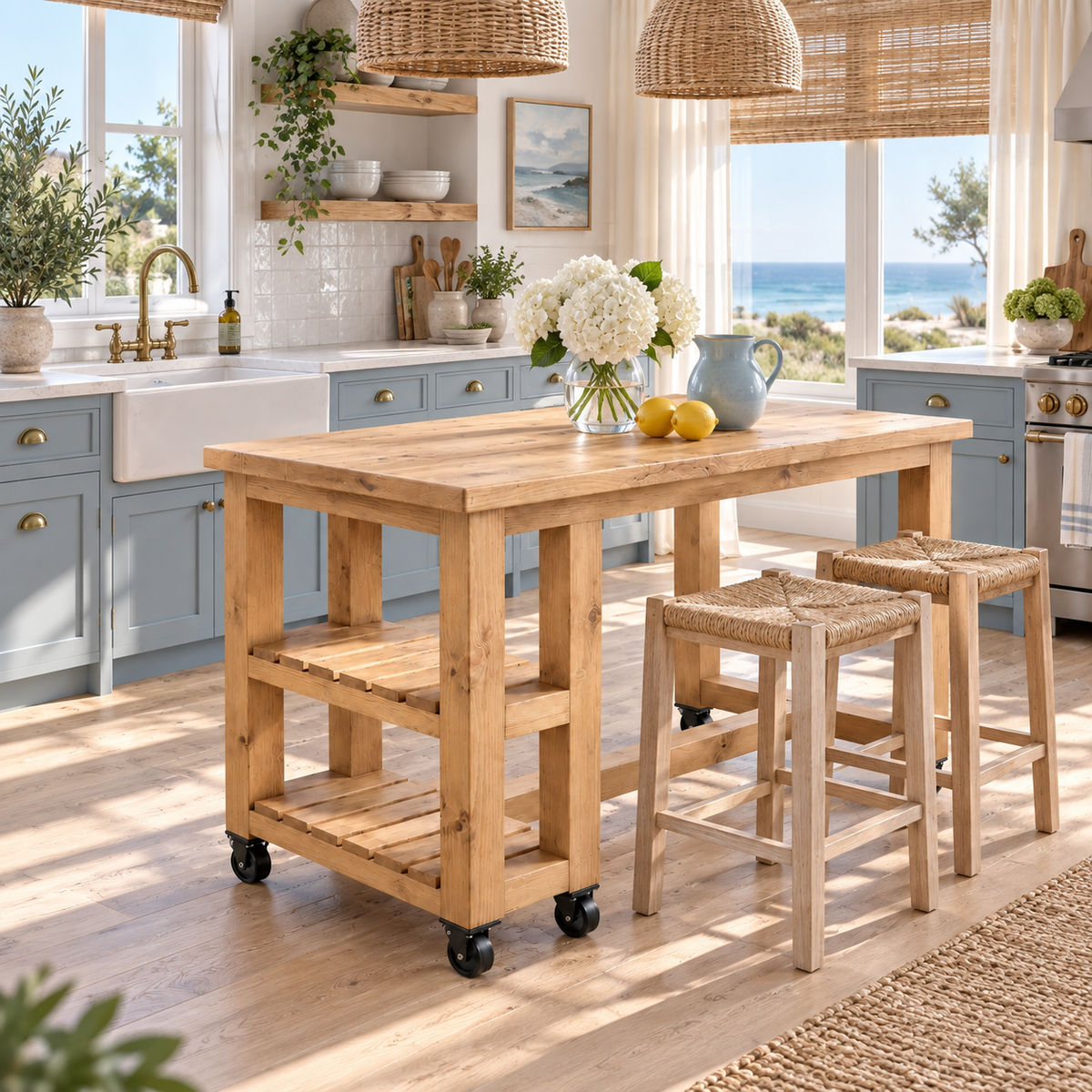 NORVIK Cart On Wheels Light Oak Colour Solid Wood Kitchen Island With Shelf / Breakfast Bar