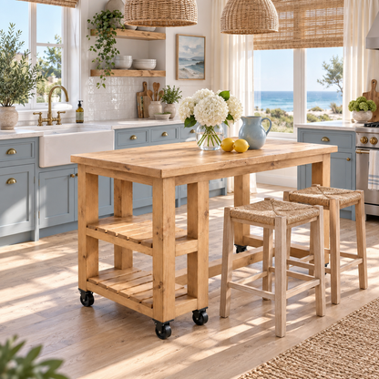 NORVIK Cart On Wheels Light Oak Colour Solid Wood Kitchen Island With Shelf / Breakfast Bar