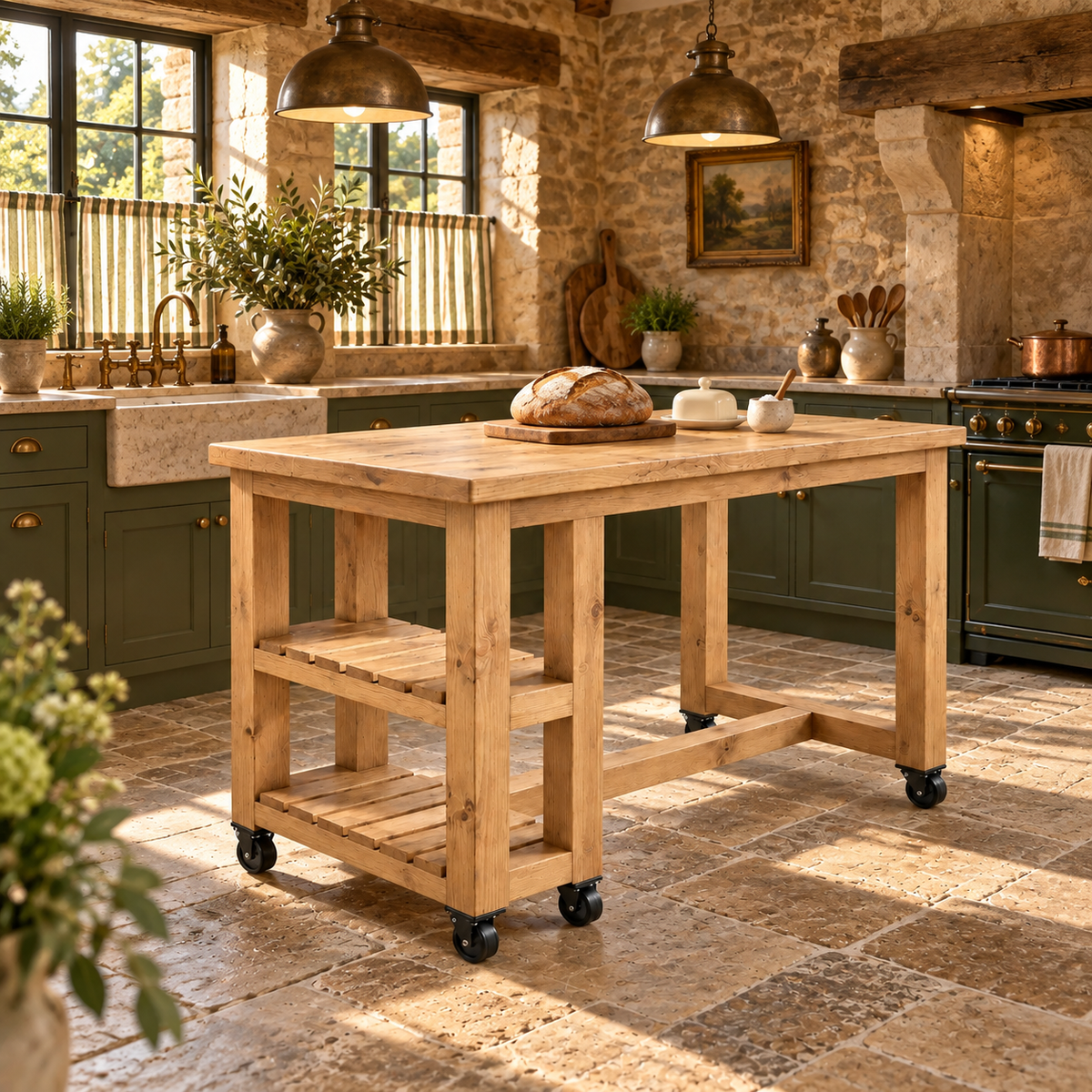 NORVIK Cart On Wheels Light Oak Colour Solid Wood Kitchen Island With Shelf / Breakfast Bar