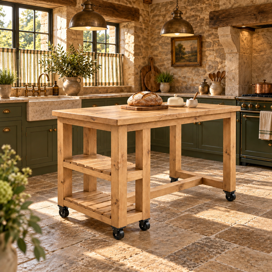 NORVIK Cart On Wheels Light Oak Colour Solid Wood Kitchen Island With Shelf / Breakfast Bar