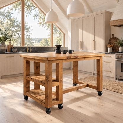 NORVIK Cart On Wheels Solid Wood Kitchen Island With Shelf / Breakfast Bar