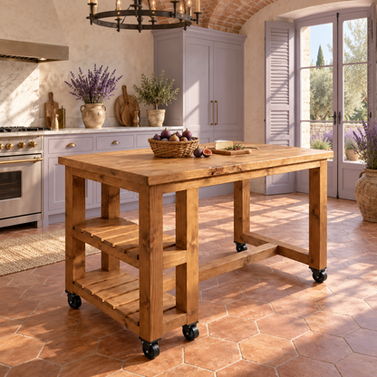NORVIK Cart On Wheels Solid Wood Kitchen Island With Shelf / Breakfast Bar