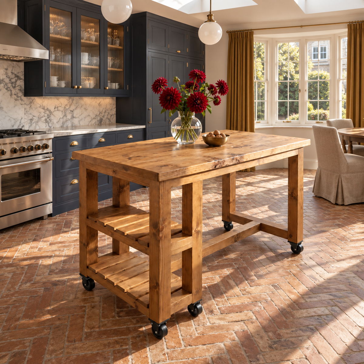 NORVIK Cart On Wheels Solid Wood Kitchen Island With Shelf / Breakfast Bar