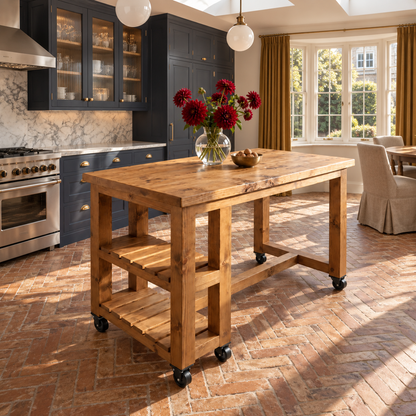 NORVIK Cart On Wheels Solid Wood Kitchen Island With Shelf / Breakfast Bar