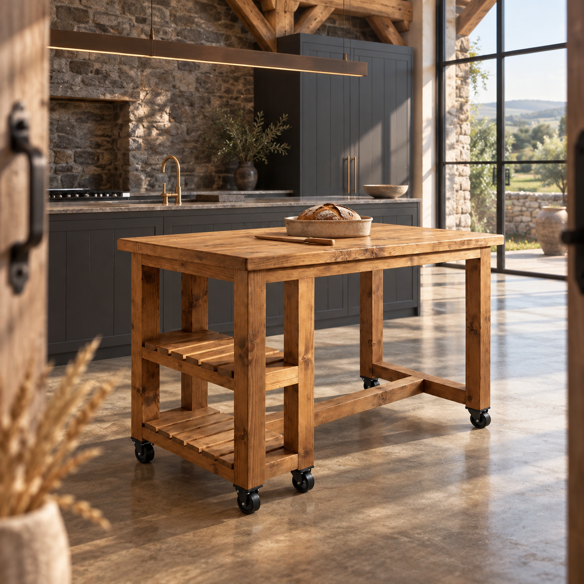 NORVIK Cart On Wheels Solid Wood Kitchen Island With Shelf / Breakfast Bar