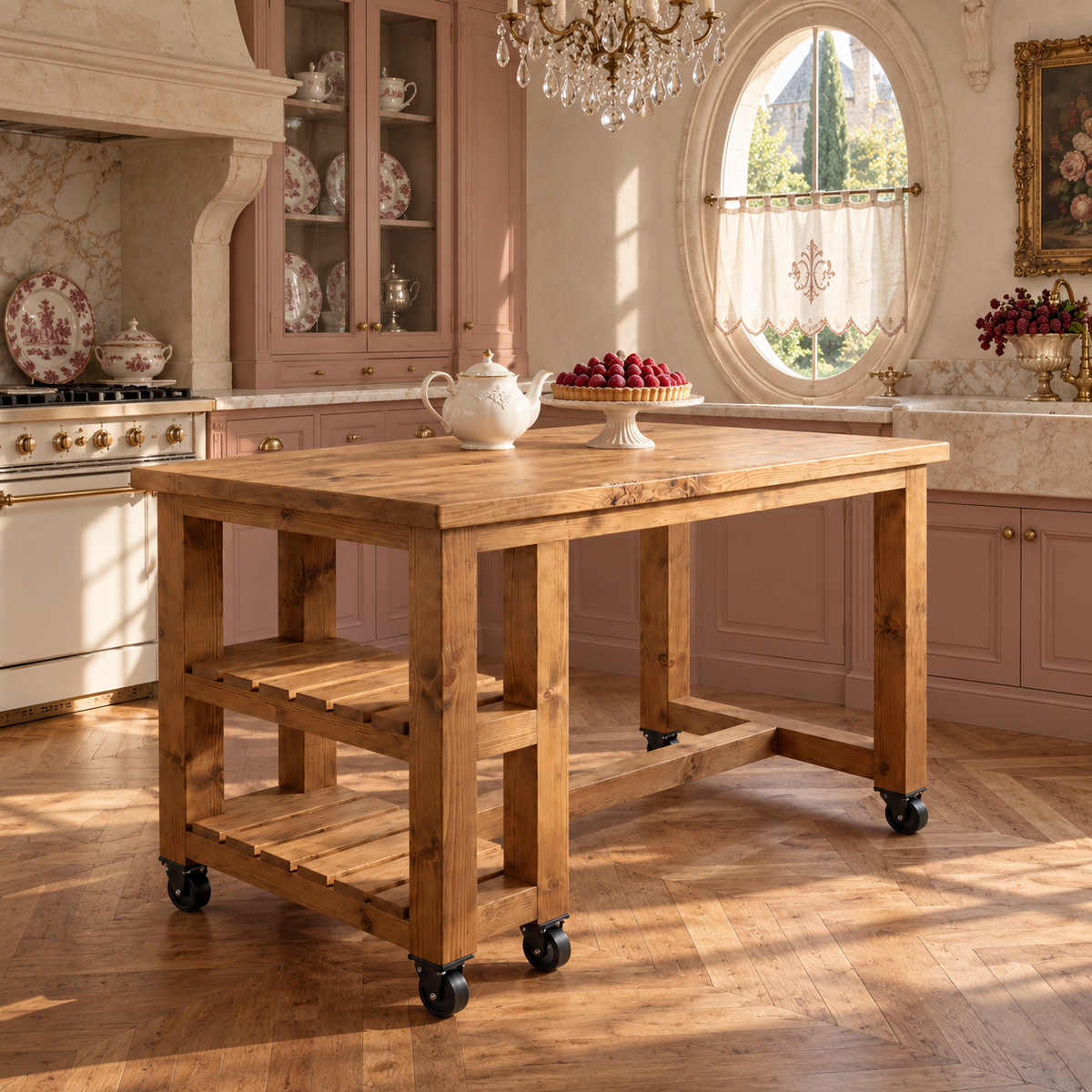 NORVIK Cart On Wheels Solid Wood Kitchen Island With Shelf / Breakfast Bar