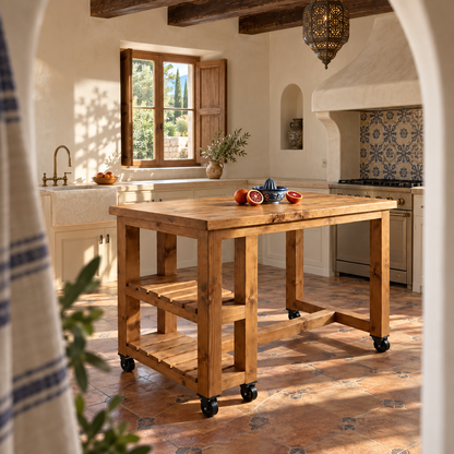 NORVIK Cart On Wheels Solid Wood Kitchen Island With Shelf / Breakfast Bar