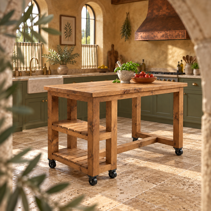 NORVIK Cart On Wheels Solid Wood Kitchen Island With Shelf / Breakfast Bar