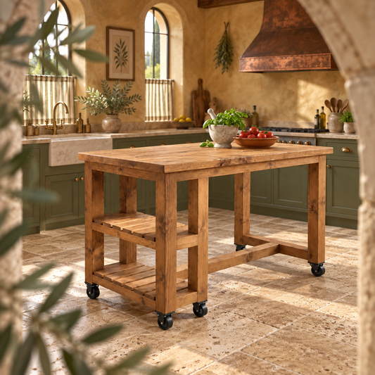NORVIK Cart On Wheels Solid Wood Kitchen Island With Shelf / Breakfast Bar