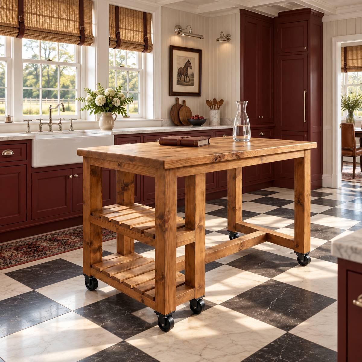 NORVIK Cart On Wheels Solid Wood Kitchen Island With Shelf / Breakfast Bar