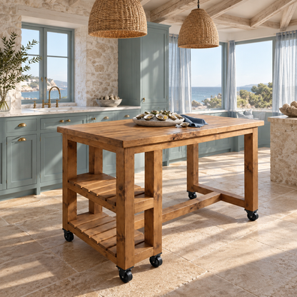 NORVIK Cart On Wheels Solid Wood Kitchen Island With Shelf / Breakfast Bar