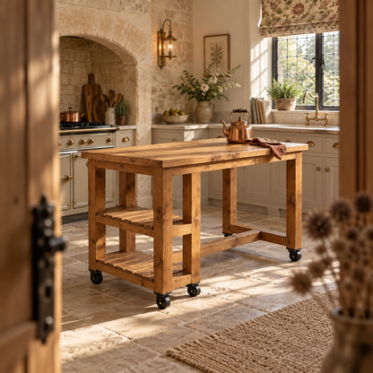 NORVIK Cart On Wheels Solid Wood Kitchen Island With Shelf / Breakfast Bar