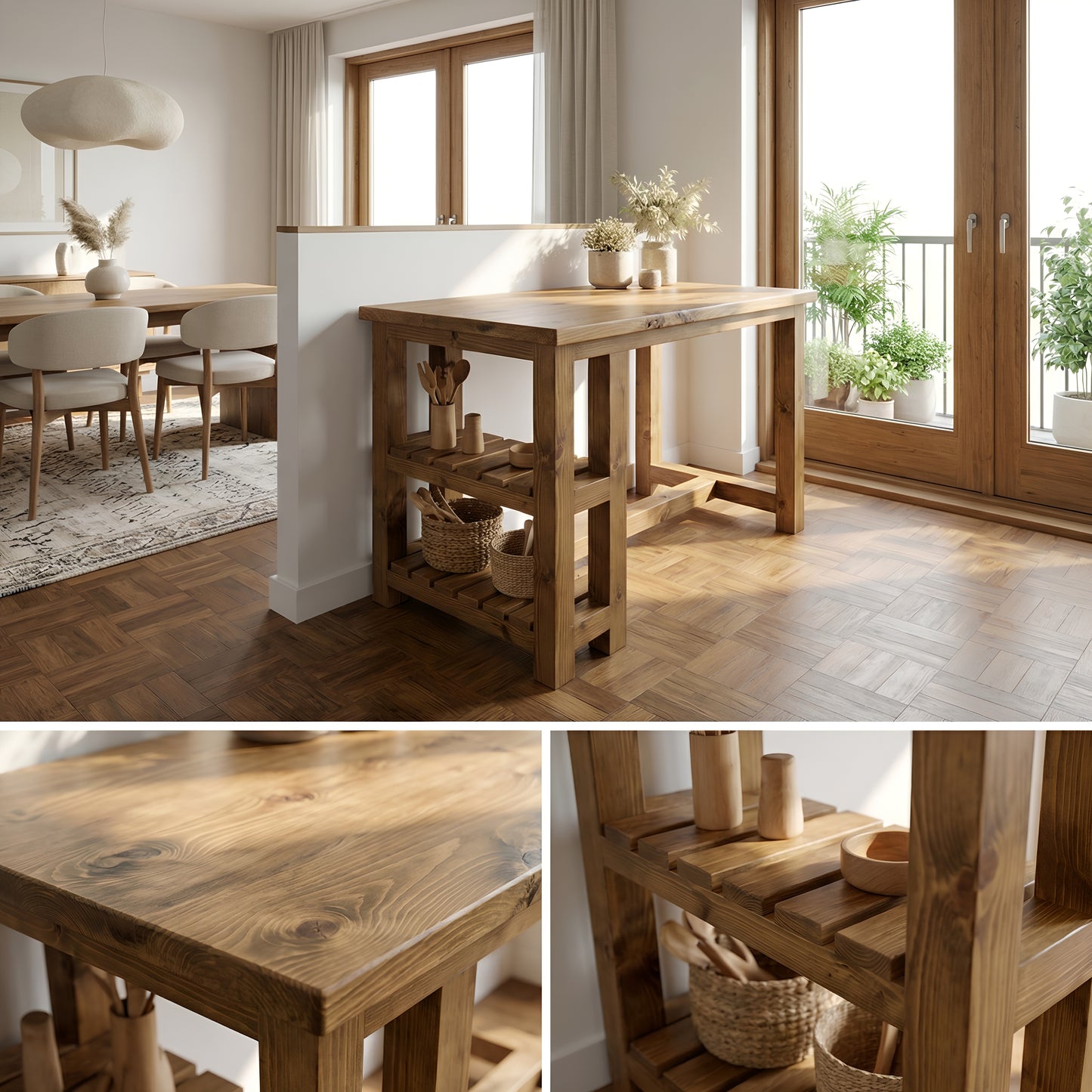 NORVIK Solid Wood Kitchen Island With Shelf / Breakfast Bar