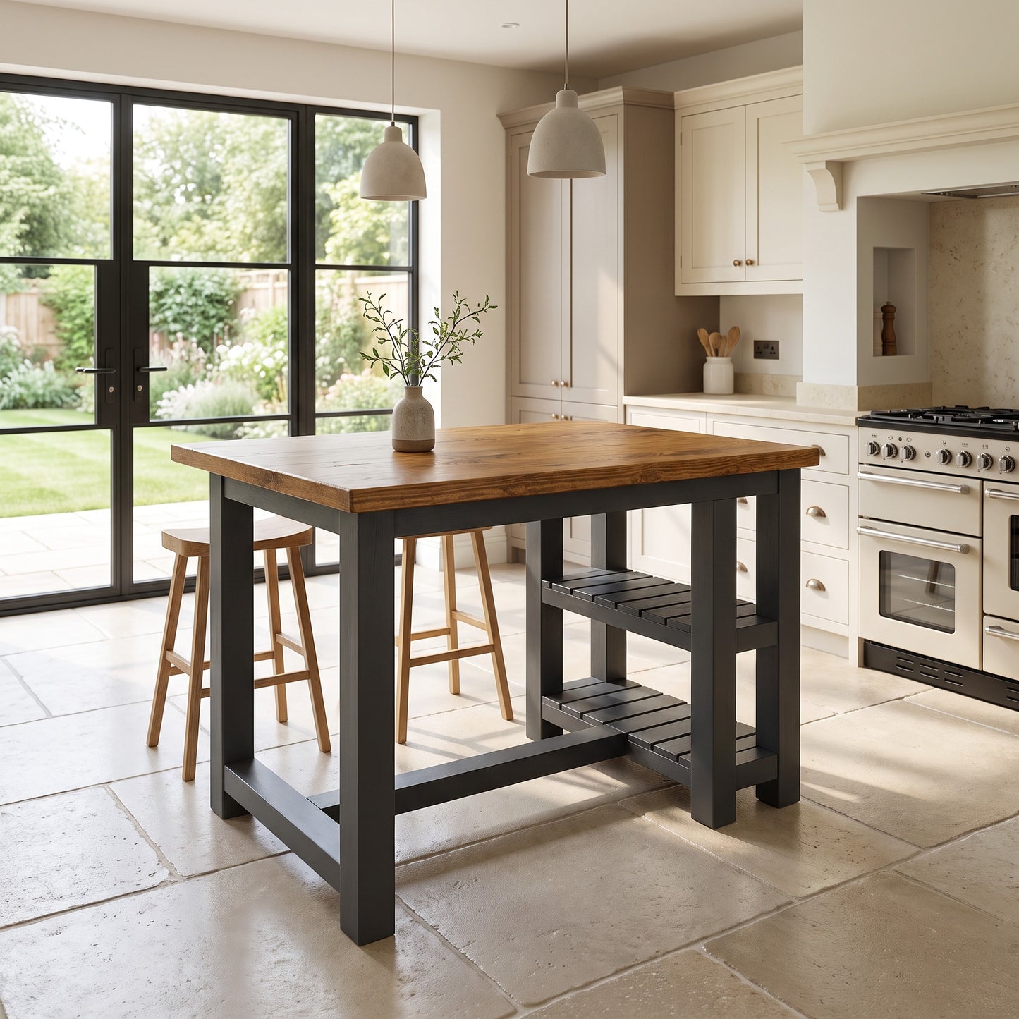 NORVIK Anthracite Grey Solid Wood Kitchen Island With Shelf / Breakfast Bar