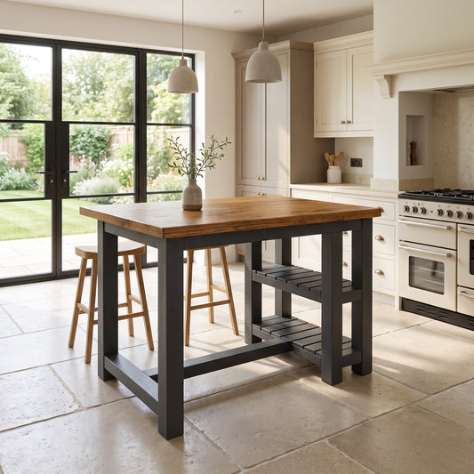 NORVIK Anthracite Grey Solid Wood Kitchen Island With Shelf / Breakfast Bar