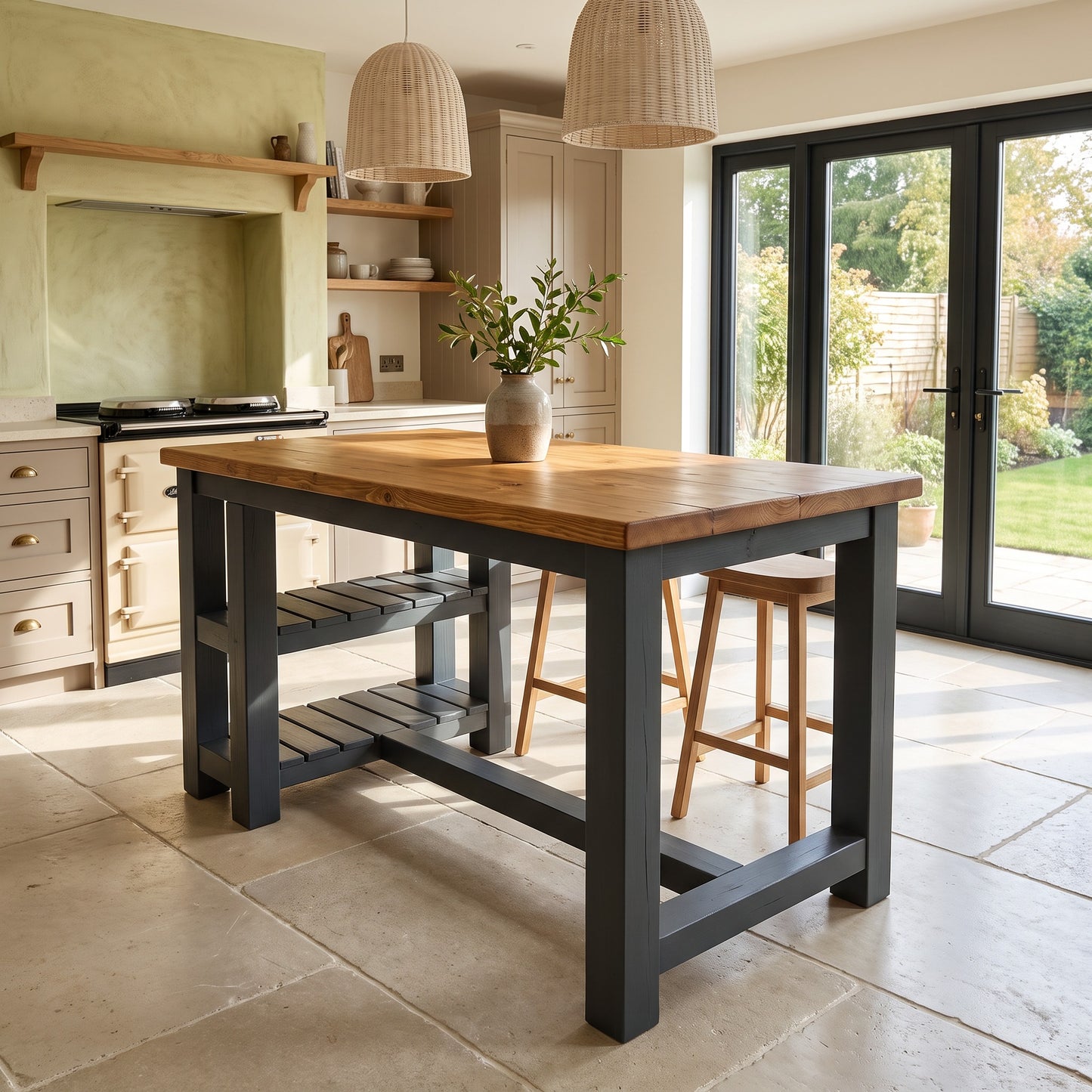 NORVIK Anthracite Grey Solid Wood Kitchen Island With Shelf / Breakfast Bar