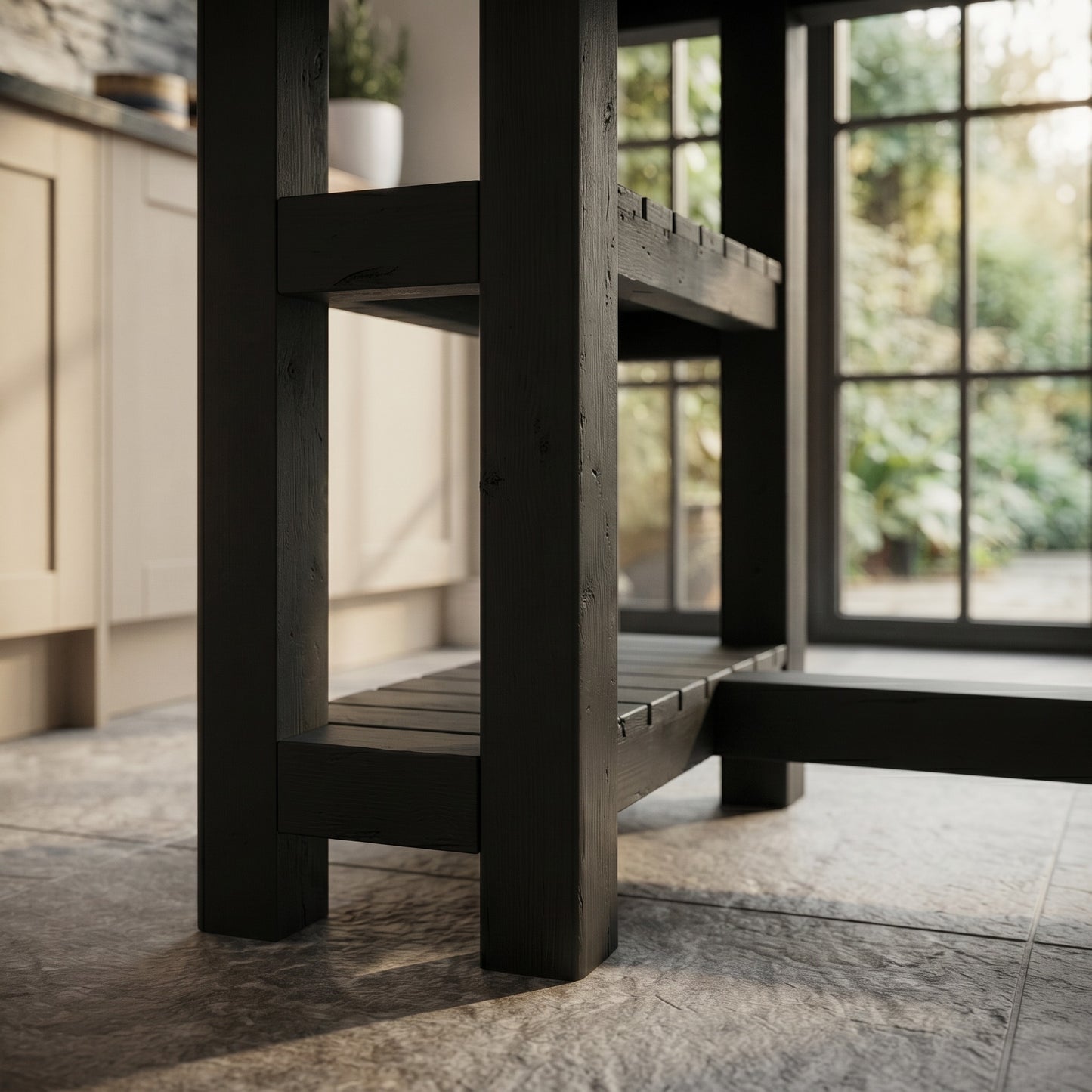NORVIK Ebony Solid Wood Kitchen Island With Shelf / Black Breakfast Bar