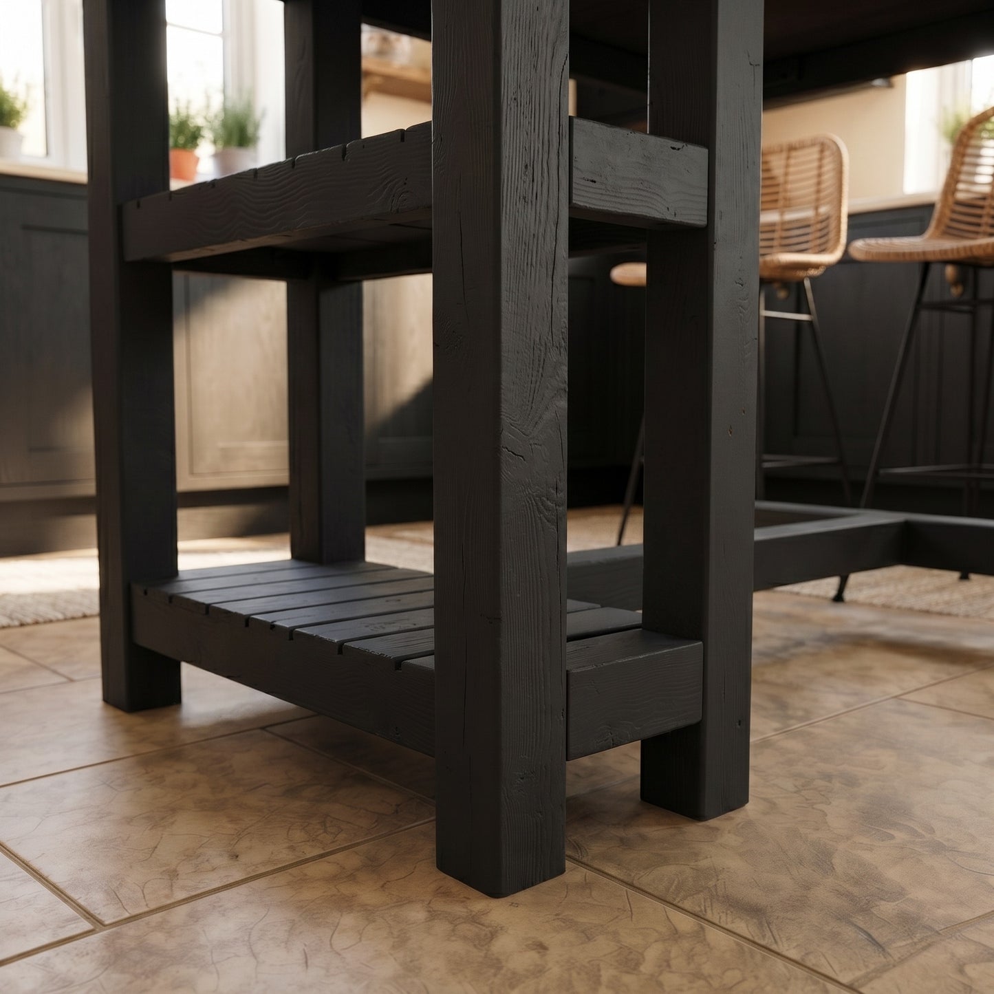 NORVIK Ebony Solid Wood Kitchen Island With Shelf / Black Breakfast Bar