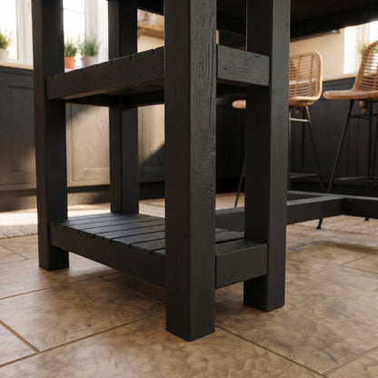 NORVIK Ebony Solid Wood Kitchen Island With Shelf / Black Breakfast Bar