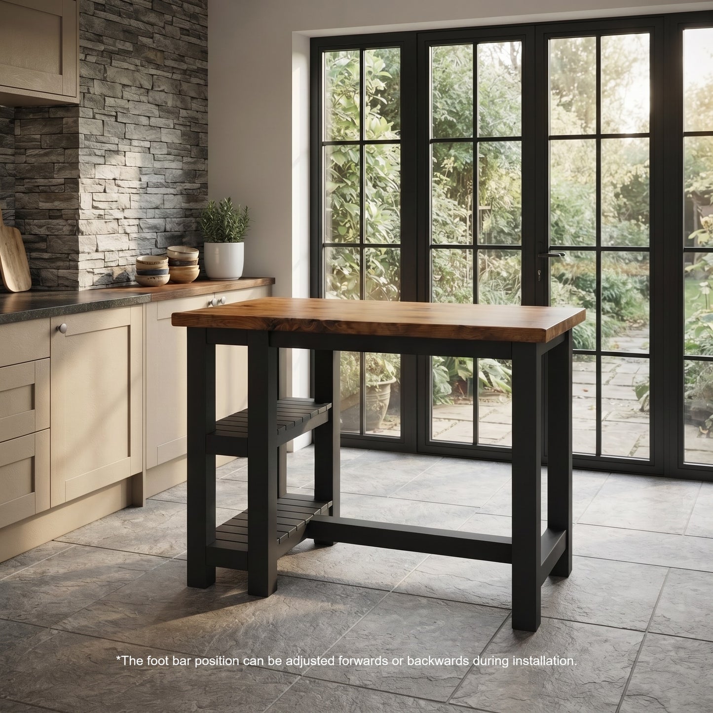 NORVIK Ebony Solid Wood Kitchen Island With Shelf / Black Breakfast Bar