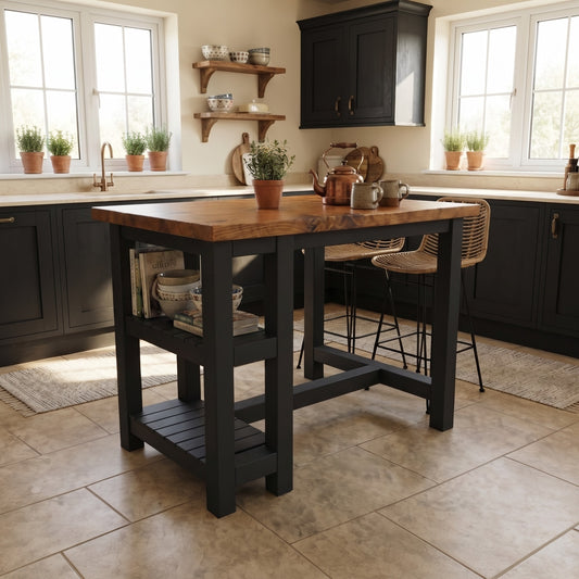 NORVIK Ebony Solid Wood Kitchen Island With Shelf / Black Breakfast Bar